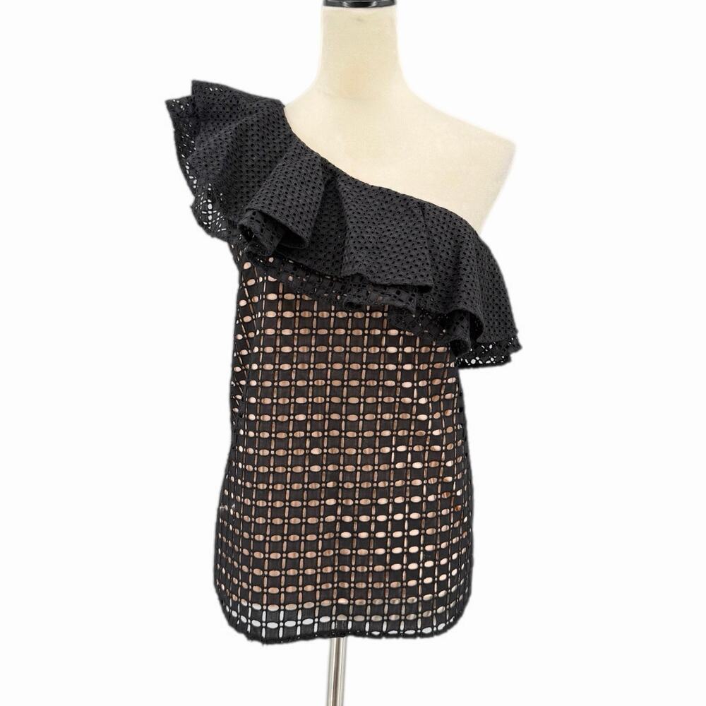 J. Crew TALL NEW Black Cotton Eyelet Ruffled One Shoulder Romance Blouse Top